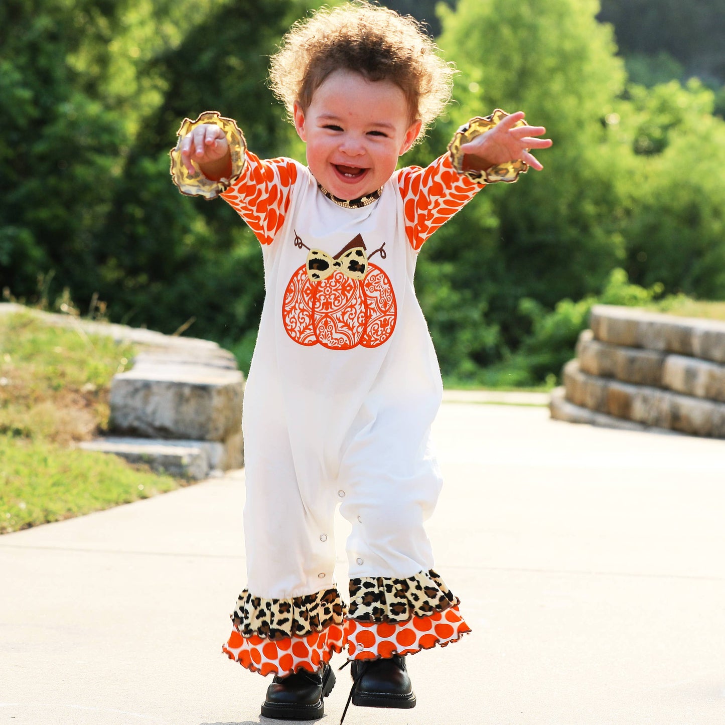AnnLoren Baby Girls Orange pumpkin Fall Romper