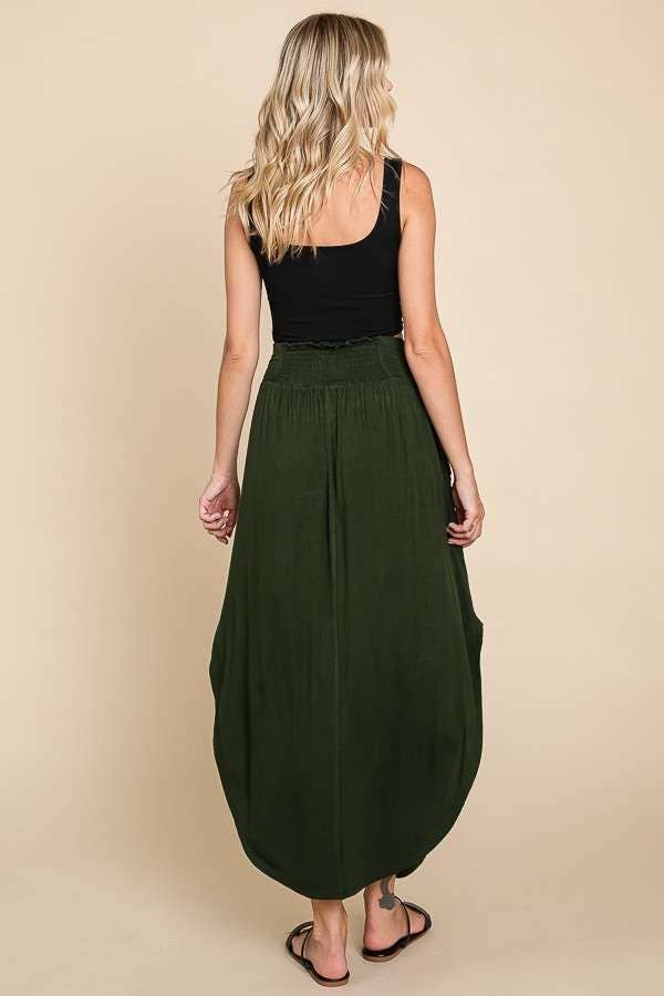 V-SHAPE SMOCKING DEEP SIDE SLIT LONG SKIRT