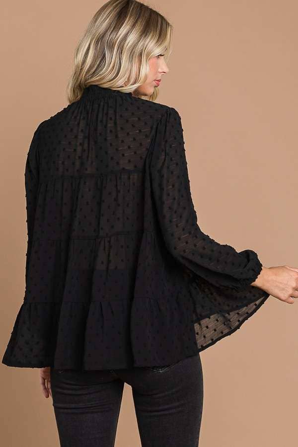 SMOCK NECK TIERED 3/4 SLEEVE TOP