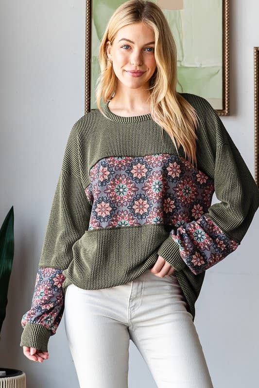 PUFF SLEEVE URBAN RIBBED AND FLORAL TOP