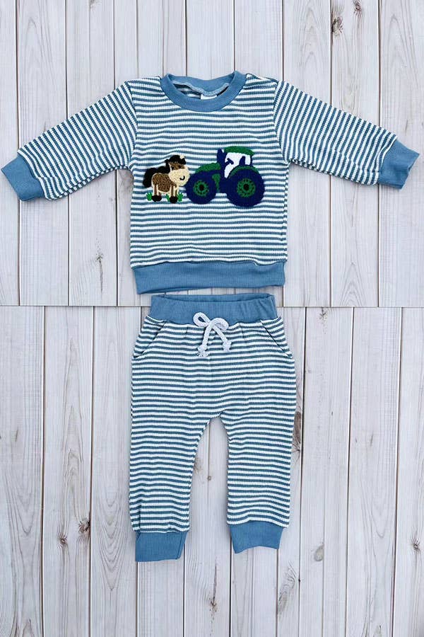 Farm & horse patch blue stripes top & pant boy set