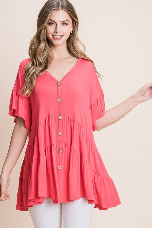 Button Up Ruffled Babydoll Tunic Top