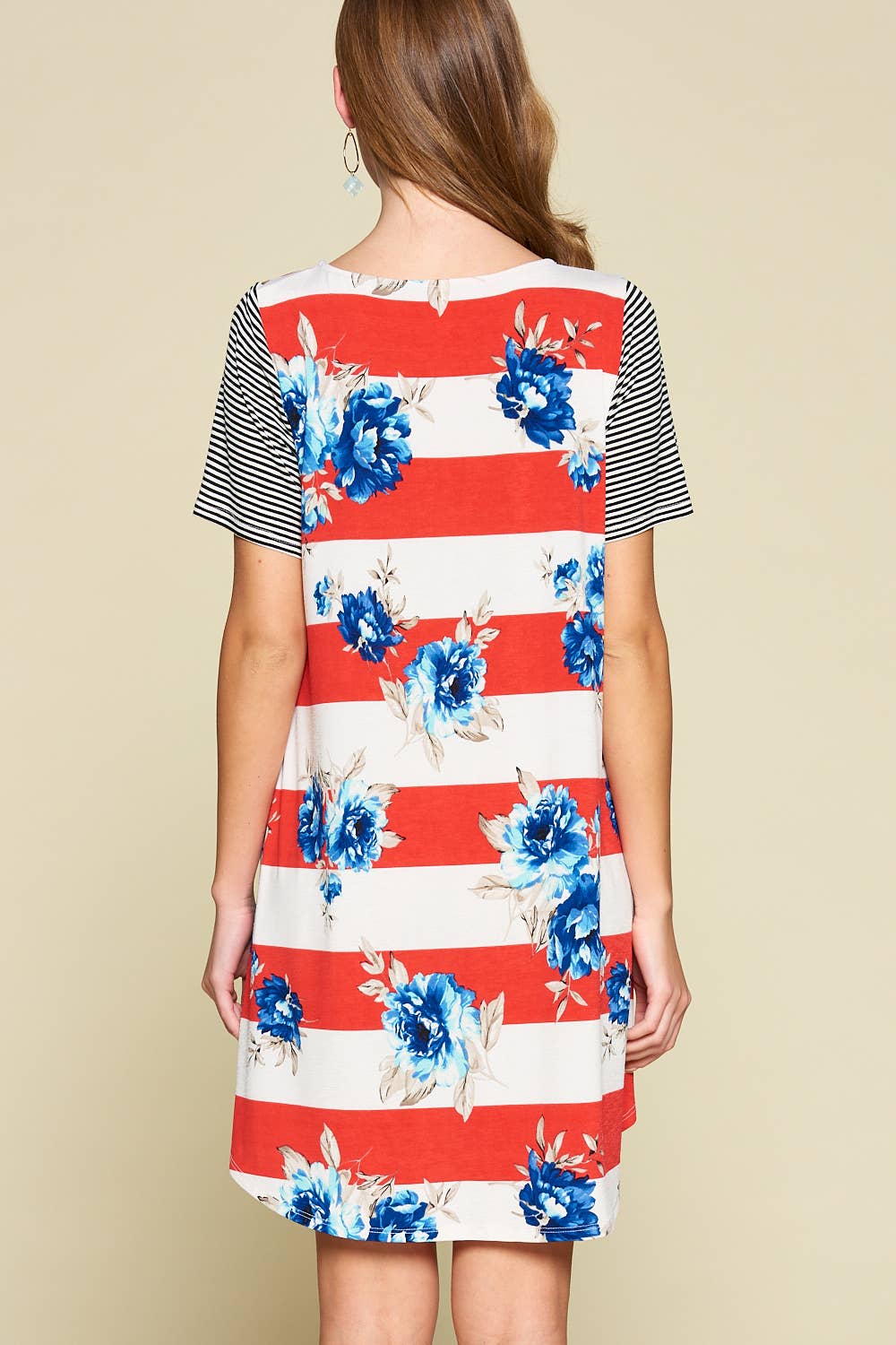 Red, White and Floral Striped Swing Dress
