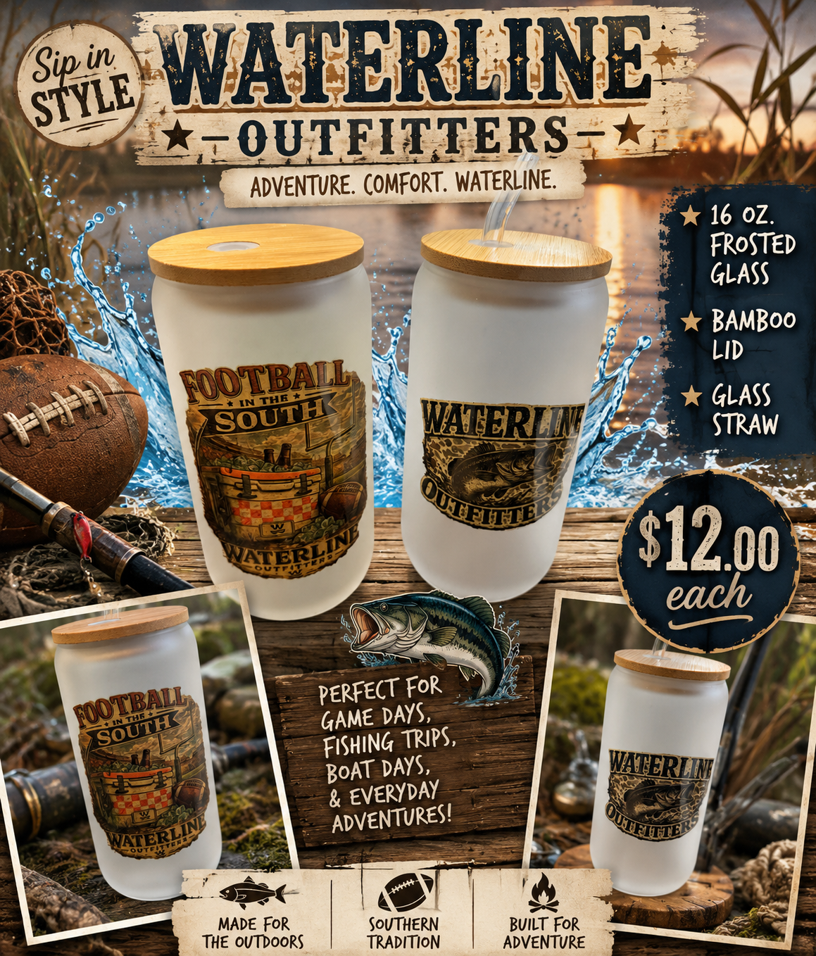 Waterline Outfitters 16oz Frosted Glass Tumbler