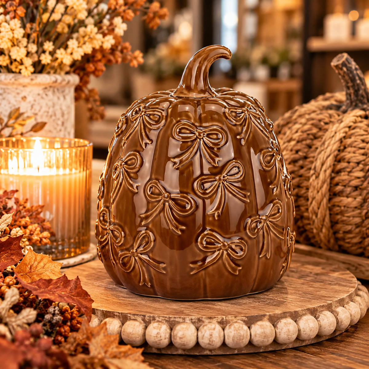 Ceramic 6” pumpkin with bows