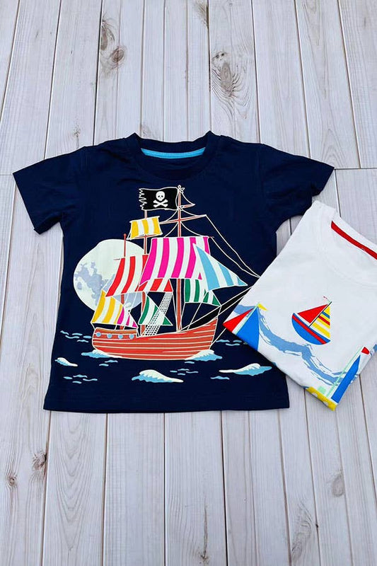 Pirate sailing printed navy blue boy t-shirt