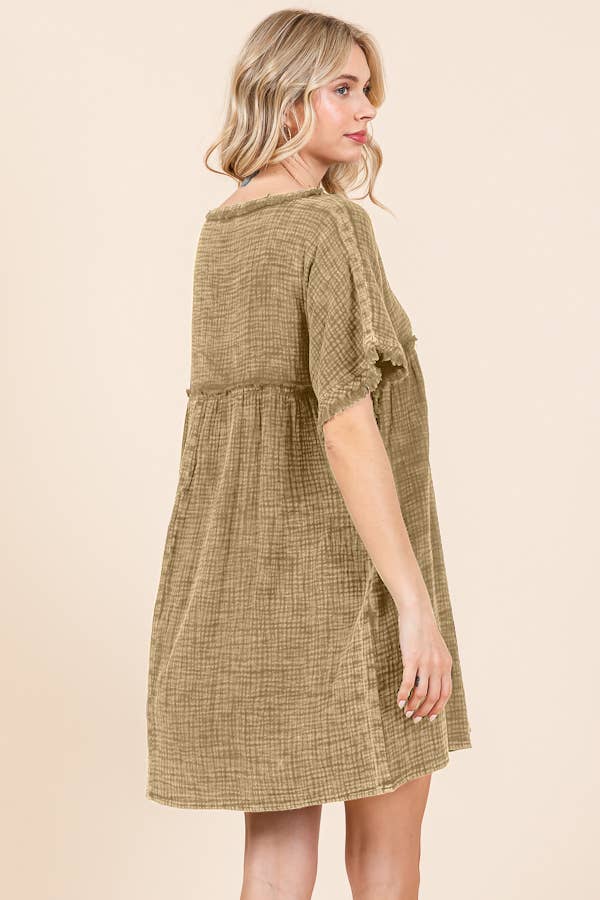 PLUS SIZE SCOOP NECK BABYDOLL RUCHING DRESS