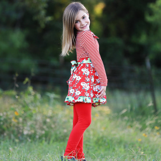 AnnLoren Dress & Leggings Red Floral Stripes Girls Clothing