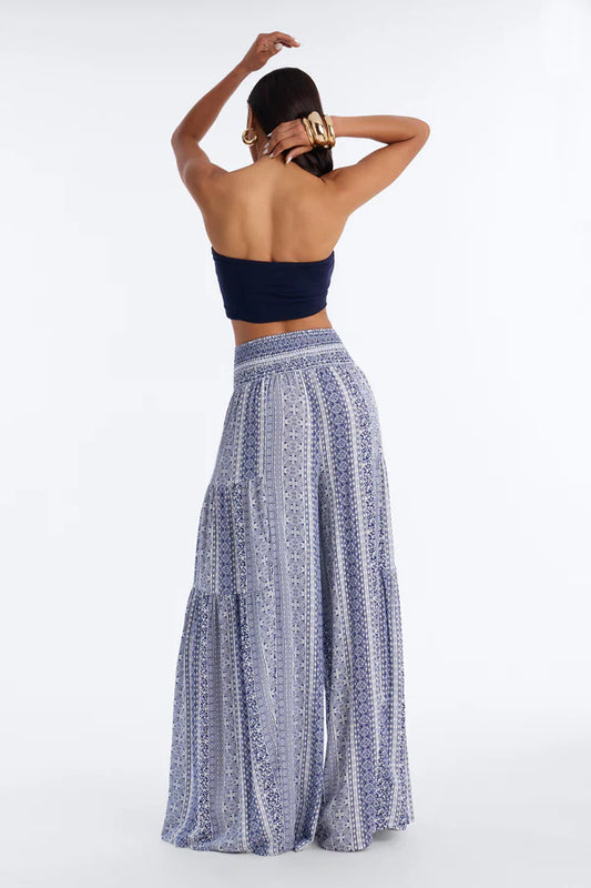 Madaline Tie Waist High Rise Wide Leg Pant - Blue/combo