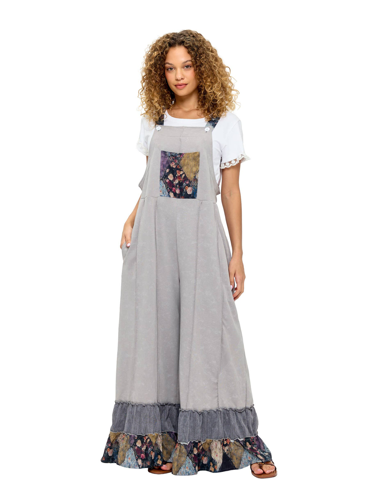 Overall Vintage Washed Patchwork Floral Ruffled Hem