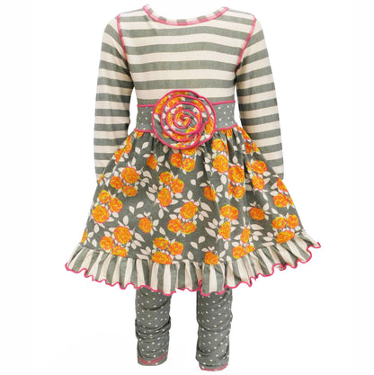 AnnLoren Girls Shabby Grey Floral Dress Leggings Outfit 9/10
