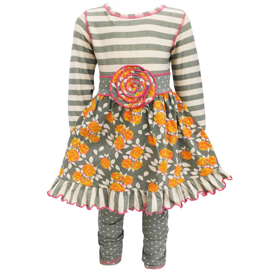 AnnLoren Girls Shabby Grey Floral Dress Leggings Outfit 9/10