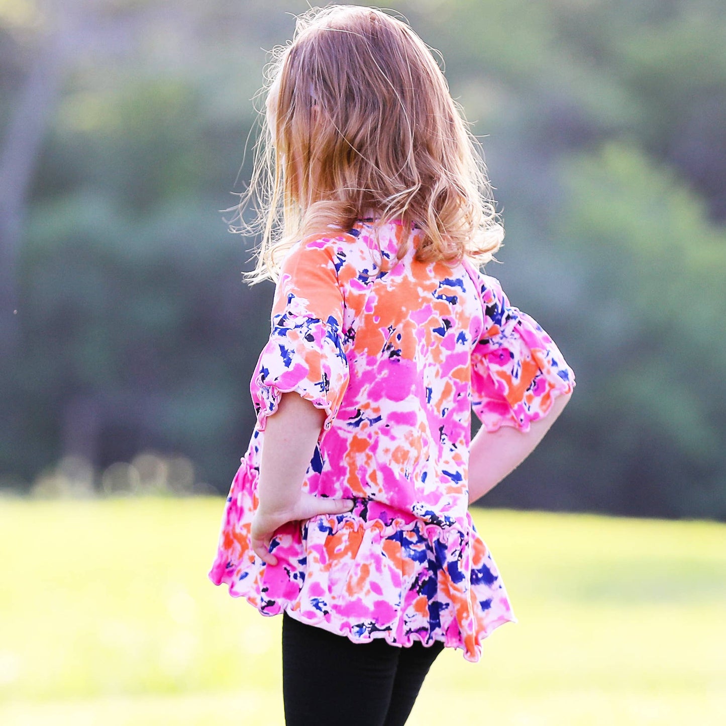 AnnLoren Girls Hi Low Tie Dye Cotton Ruffle Shirt