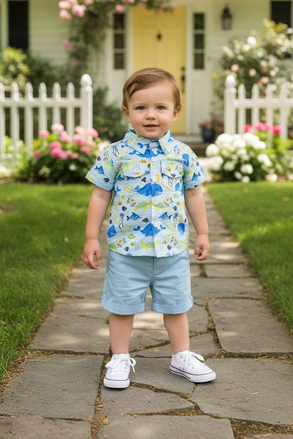Whale & fish printed shirts & blue shorts boy set