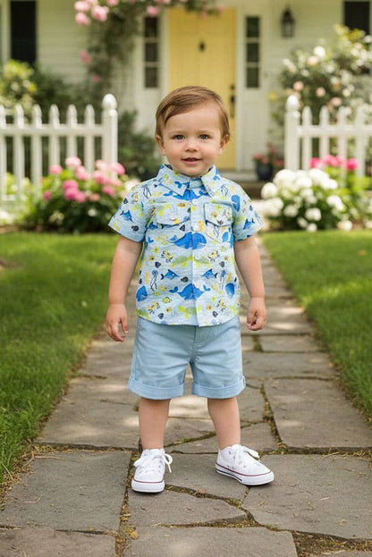 Whale & fish printed shirts & blue shorts boy set