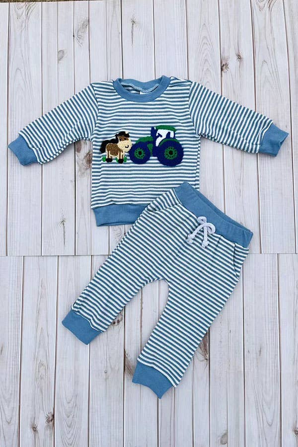 Farm & horse patch blue stripes top & pant boy set