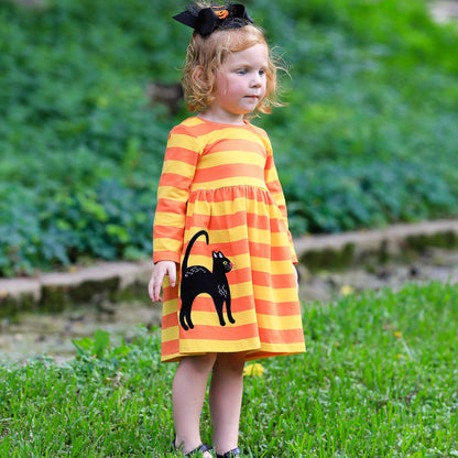 AnnLoren Black Cat Orange Girls Halloween Dress Fall Clothes