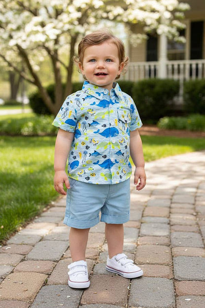 Whale & fish printed shirts & blue shorts boy set