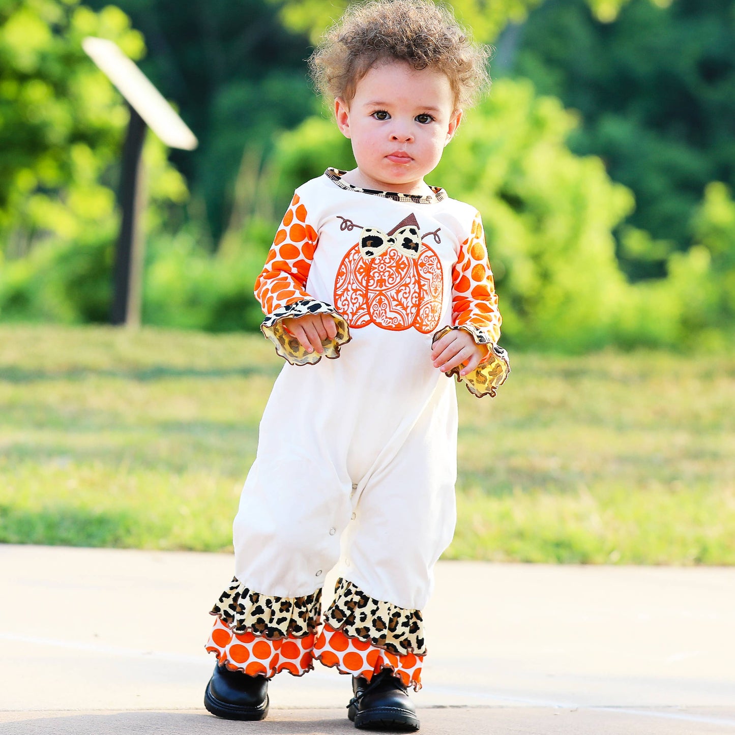 AnnLoren Baby Girls Orange pumpkin Fall Romper