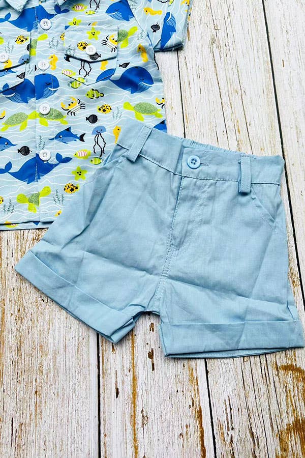 Whale & fish printed shirts & blue shorts boy set