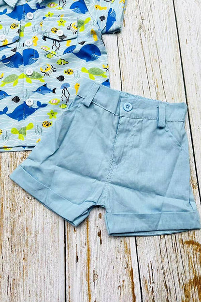 Whale & fish printed shirts & blue shorts boy set
