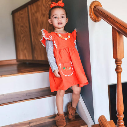 Girls Orange Fall Dress Thanksgiving Pumpkin & Striped Shirt