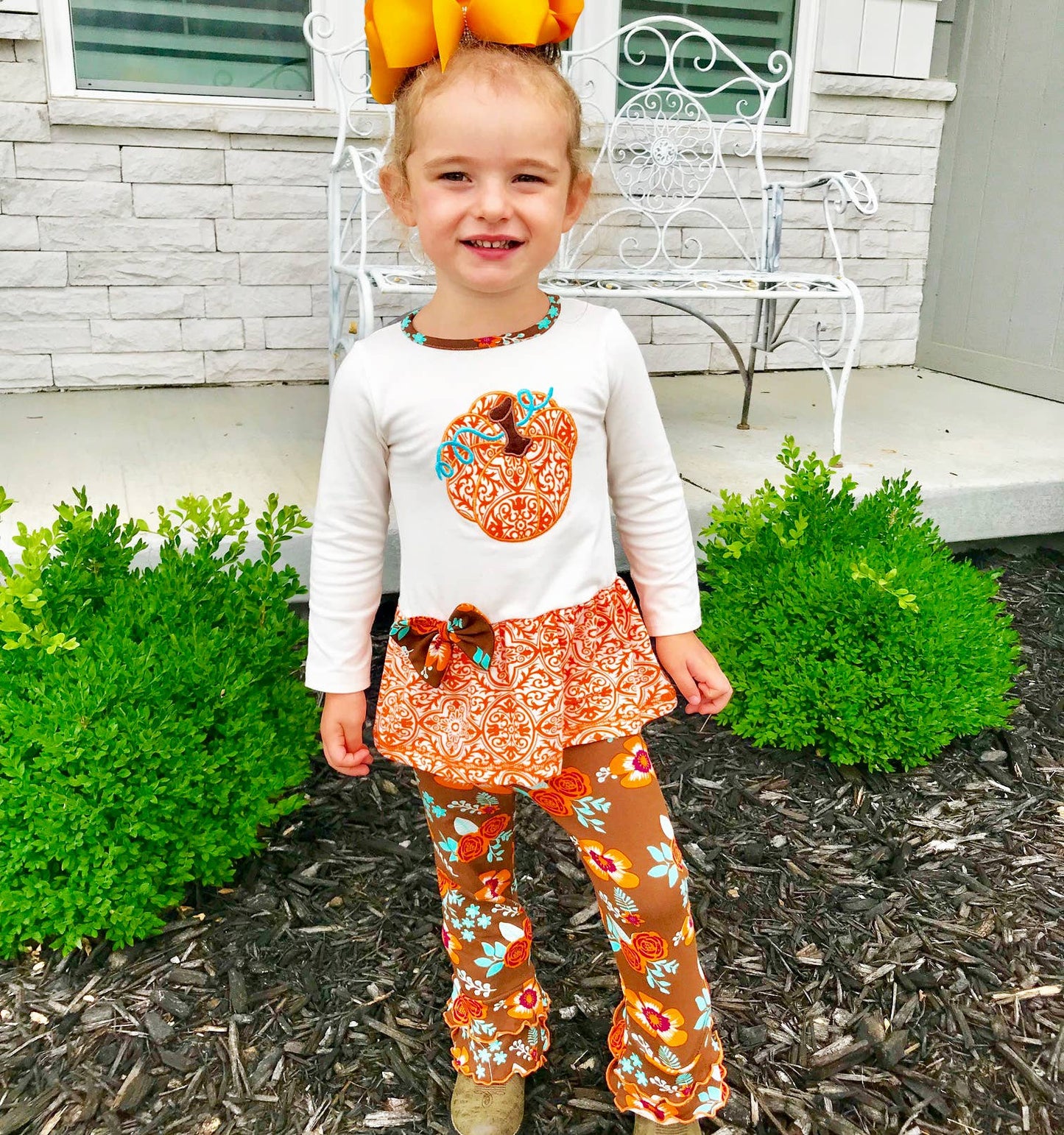 AnnLoren Girls Thanksgiving Clothing sz 9/10 Pumpkin Floral