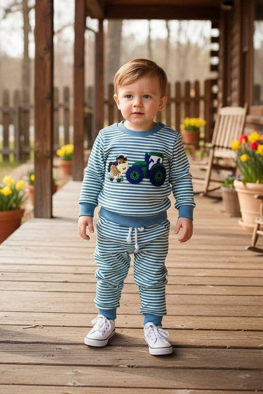 Farm & horse patch blue stripes top & pant boy set
