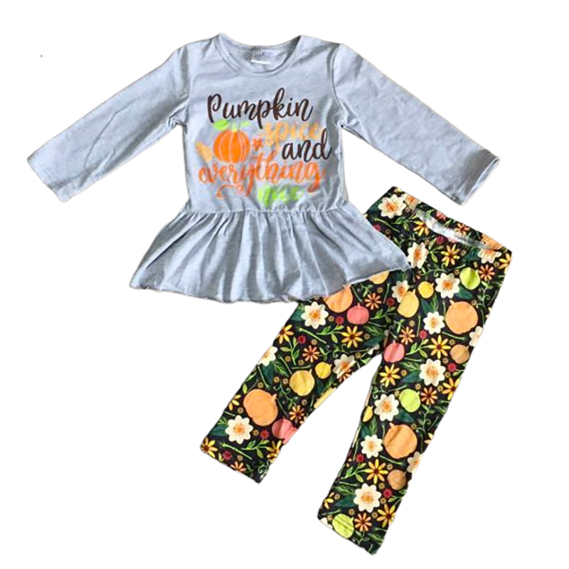 Girls Autumn Graphic Pumpkin Shirt & Floral Leggings Outfit