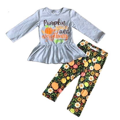 Girls Autumn Graphic Pumpkin Shirt & Floral Leggings Outfit