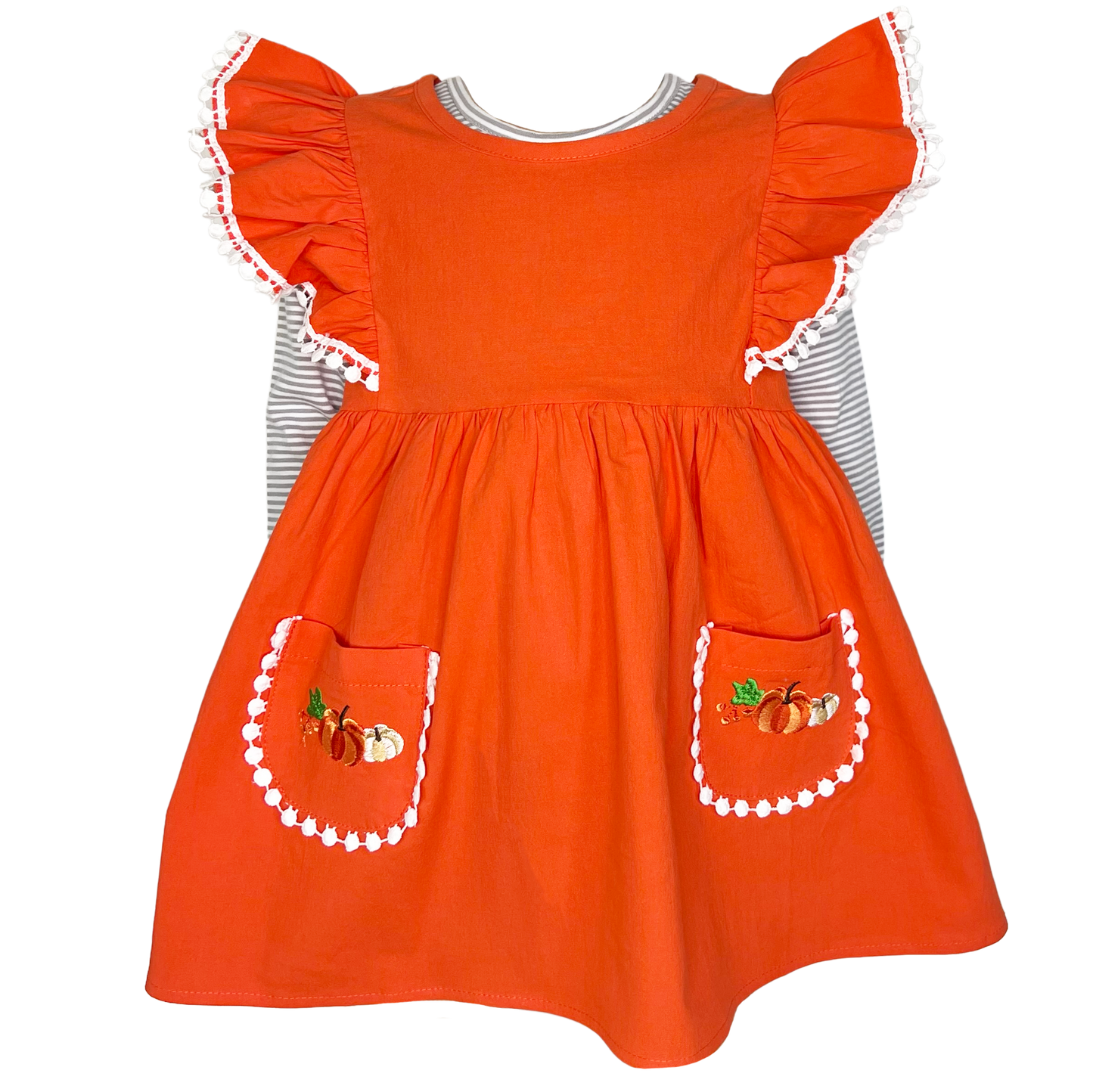 Girls Orange Fall Dress Thanksgiving Pumpkin & Striped Shirt