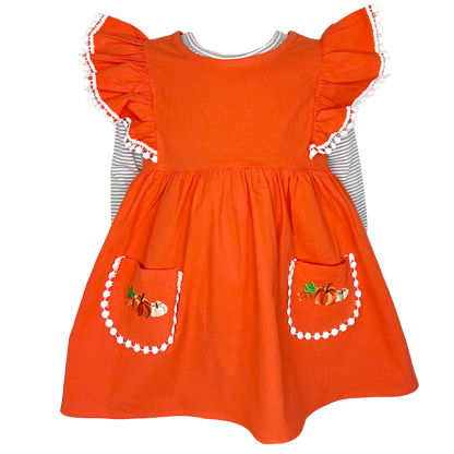 Girls Orange Fall Dress Thanksgiving Pumpkin & Striped Shirt
