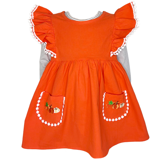 Girls Orange Fall Dress Thanksgiving Pumpkin & Striped Shirt