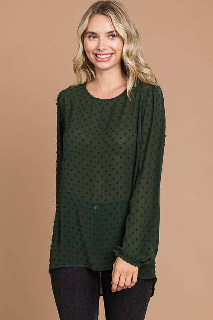 CREW NECK HIGH & LOW HEM LSLV TOP