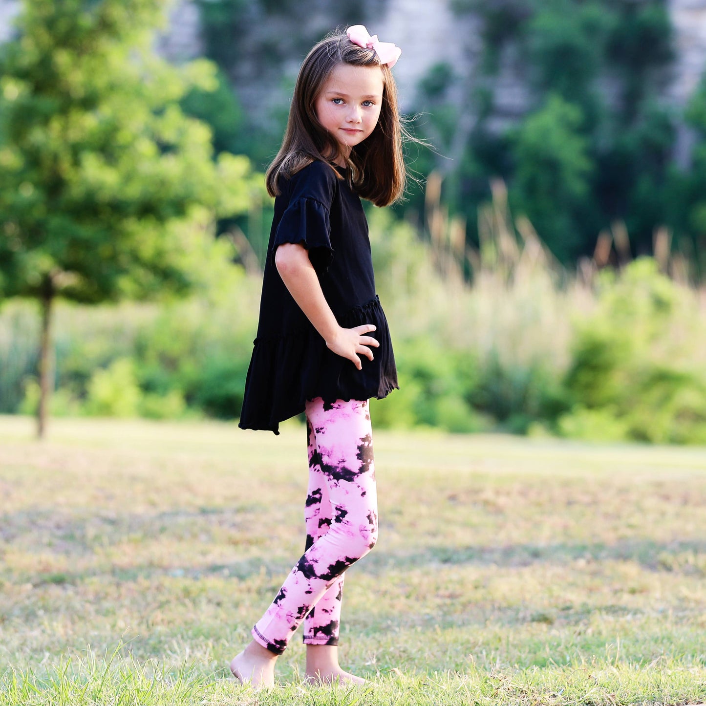 AnnLoren Girls Black & Pink Tie Dye Leggings