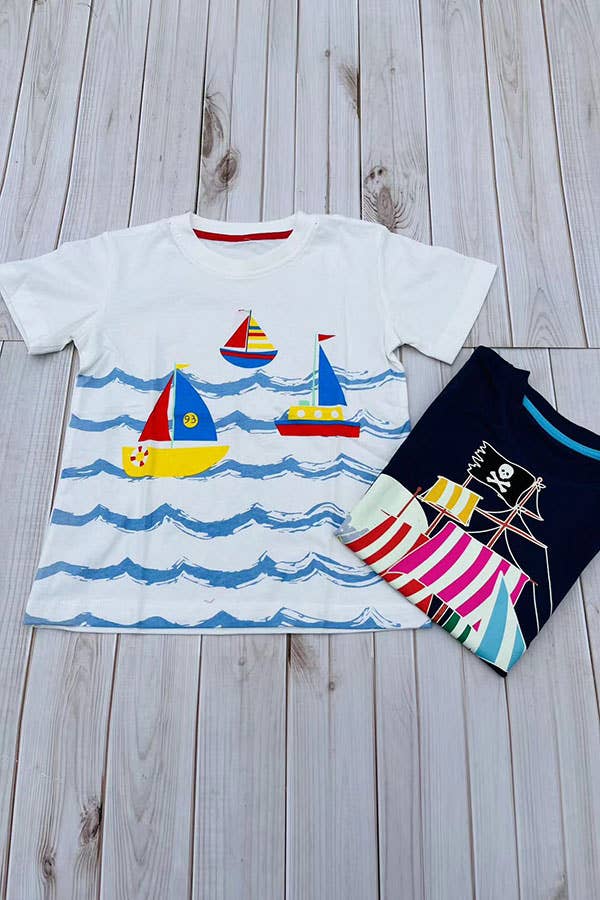 Sailboats & blue ocean waves white boy t-shirt