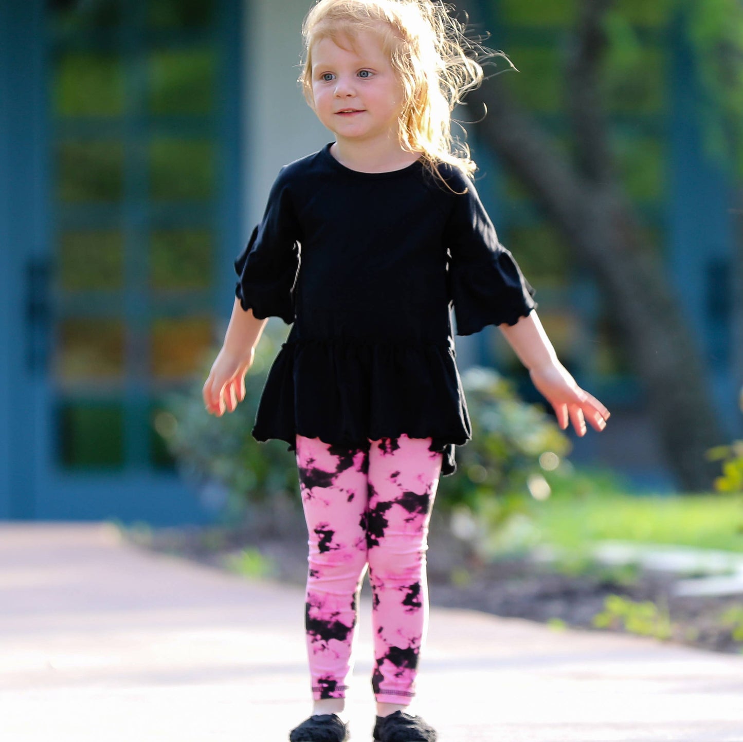 AnnLoren Girls Black & Pink Tie Dye Leggings