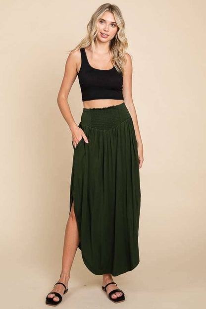 V-SHAPE SMOCKING DEEP SIDE SLIT LONG SKIRT