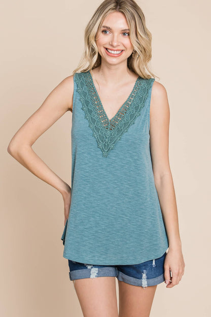 Plus Size Lace Neckline Casual Tank