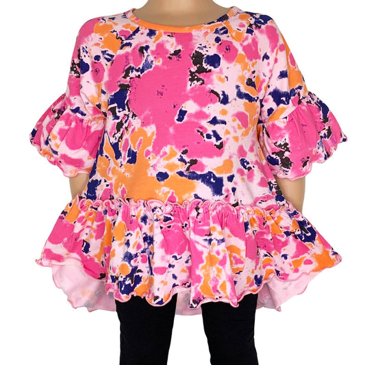 AnnLoren Girls Hi Low Tie Dye Cotton Ruffle Shirt