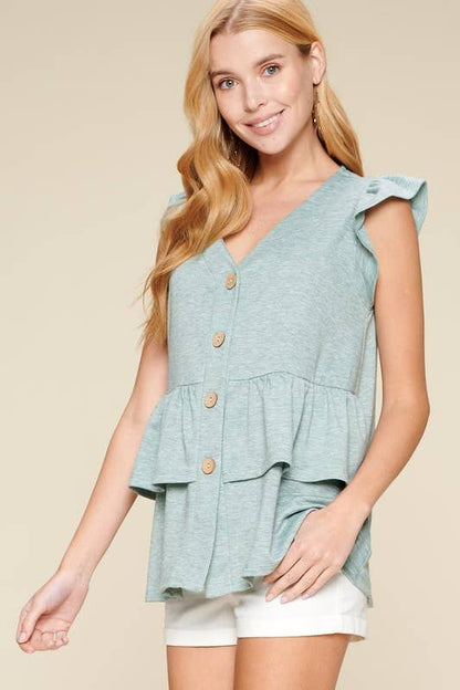 Solid Button Flutter Sleeve Top