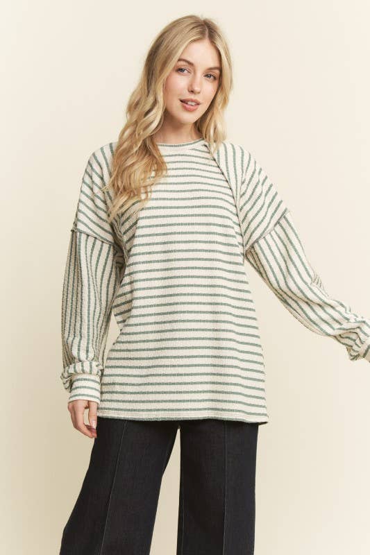 LONG PUFF SLEEVE ROUND NECK JACQUARD STRIPE TOP