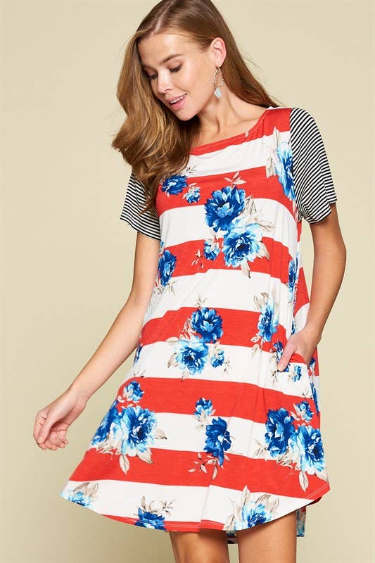 Red, White and Floral Striped Swing Dress