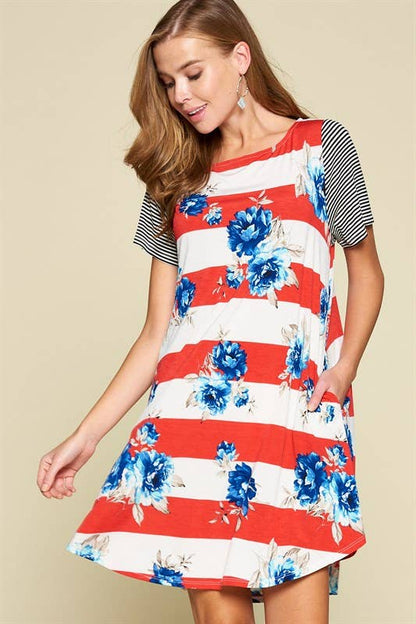 Red, White and Floral Striped Swing Dress