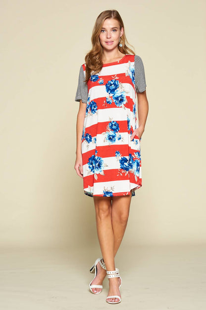 Red, White and Floral Striped Swing Dress