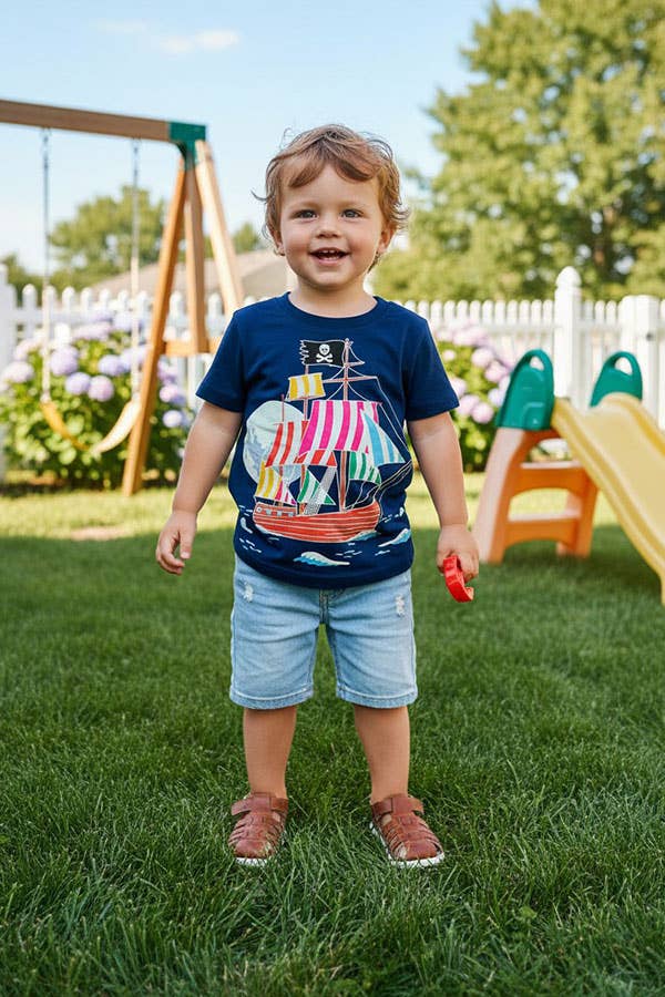 Pirate sailing printed navy blue boy t-shirt