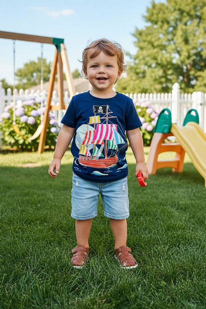 Pirate sailing printed navy blue boy t-shirt