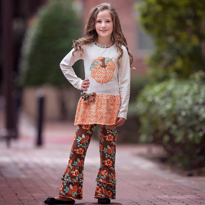 AnnLoren Girls Thanksgiving Clothing sz 9/10 Pumpkin Floral