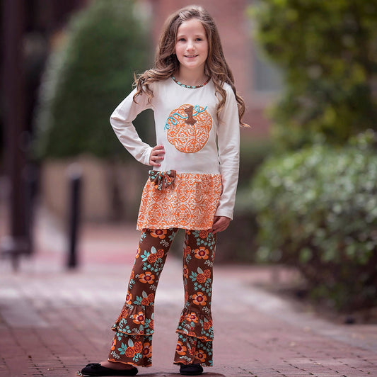 AnnLoren Girls Thanksgiving Clothing sz 9/10 Pumpkin Floral
