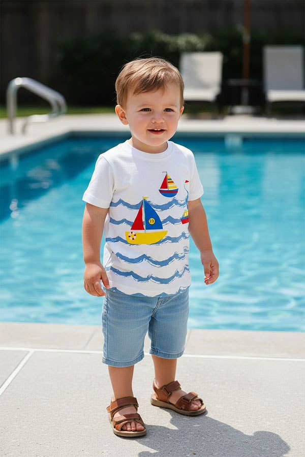 Sailboats & blue ocean waves white boy t-shirt